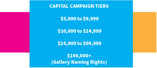 Capital Campaign Tiers $5,000 to $9,999 $10,000 to $24,999 $25,000 to $99,999 $100,000+ (Gallery Naming Rights